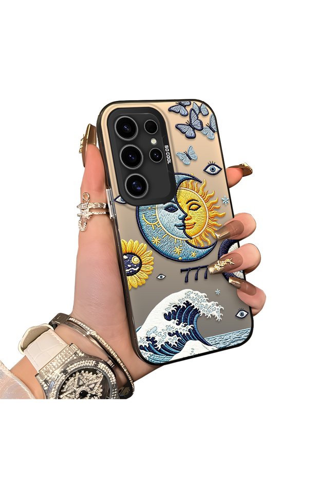 Samsung Galaxy S24 Ultra Compatible Sun-Moon Eye and Wave Butterfly Pattern Acrylic Back Silicone Edge Phone Case