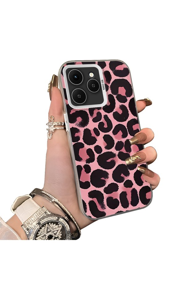 Tecno Spark 40 Compatible Pink Back Black Leopard Pattern Acrylic Back Silicone Edge Phone Case