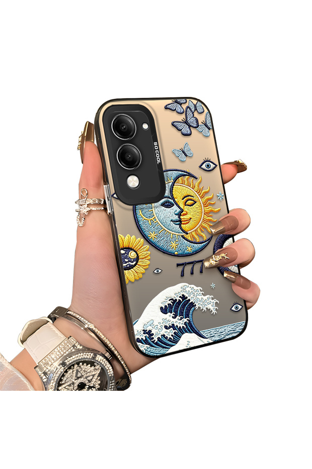 Vivo Y04 Compatible Sun-Moon Eye and Wave Butterfly Pattern Acrylic Back Silicone Edge Phone Case