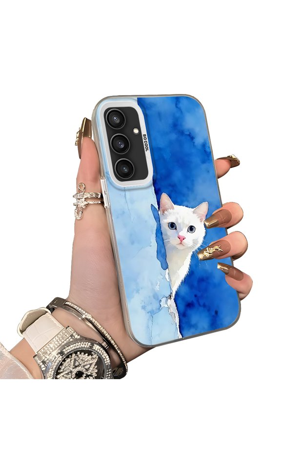 Samsung Galaxy S23 Fe Compatible Cute White Cat Pattern Acrylic Back Silicone Edge Phone Case