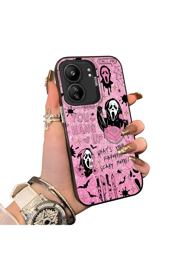 For Xiaomi Redmi 13C 4G/5G Compatible Pink Horror Movie Mask Pattern Acrylic Back Silicone Edge Phone Case