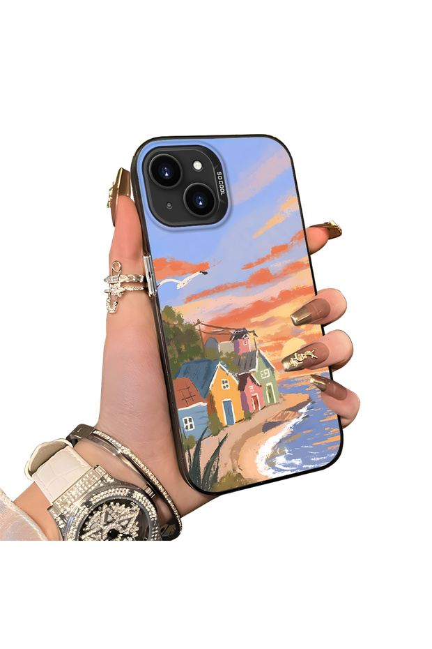 iPhone 13 Mini Compatible Sunset Beach Scenery Printed Acrylic Back Silicone Edge Phone Case