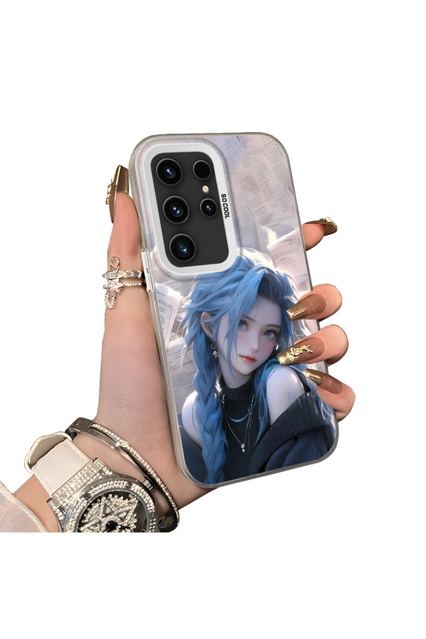 Samsung Galaxy S23 Ultra Compatible Blue Haired Anime Girl Patterned Acrylic Back Silicone Edge Phone Case