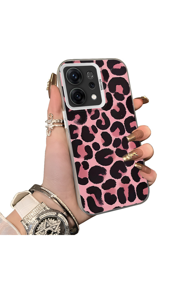 Oppo Reno 14/14F Compatible Pink Back Black Leopard Pattern Acrylic Back Silicone Edge Phone Case