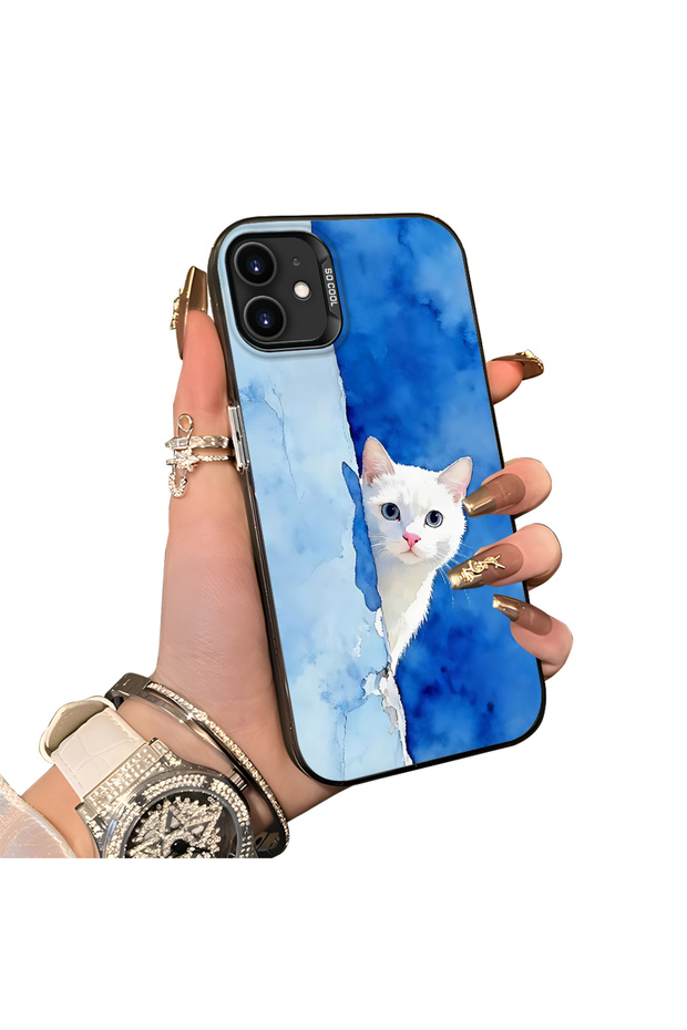 iPhone 11 Compatible Cute White Cat Pattern Acrylic Back Silicone Edge Phone Case