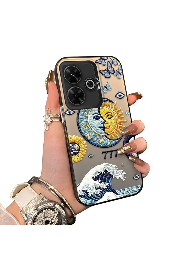 Xiaomi Redmi 13/13X Compatible Sun-Moon Eye and Wave Butterfly Pattern Acrylic Back Silicone Edge Phone Case