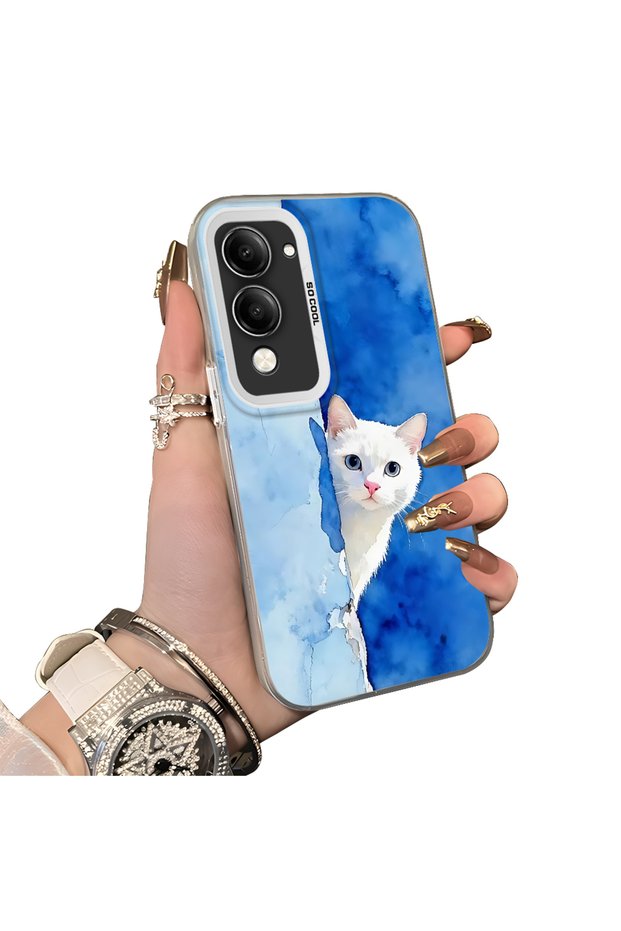 Vivo Y04 Compatible Cute White Cat Pattern Acrylic Back Silicone Edge Phone Case