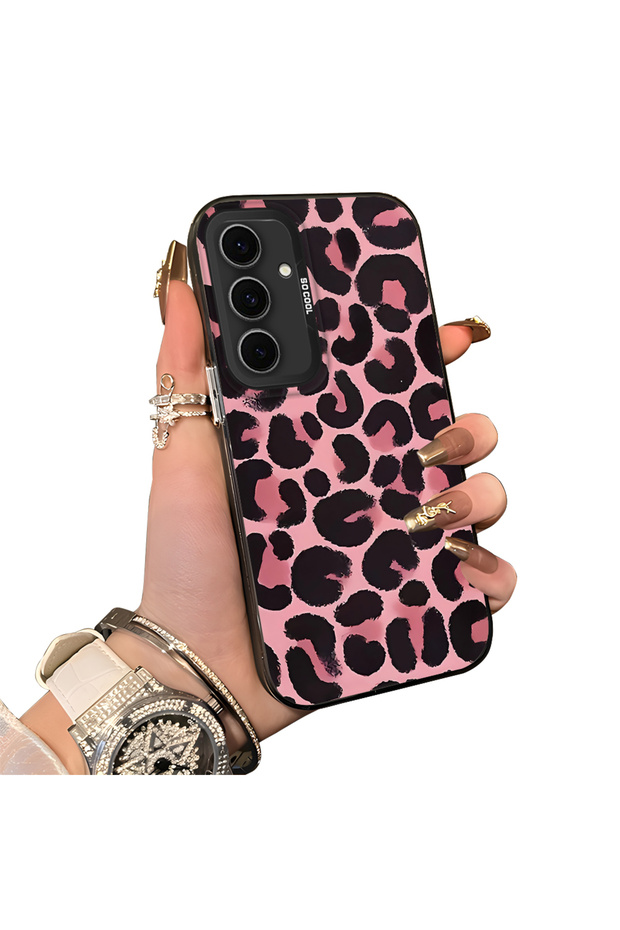 Samsung Galaxy S24 Fe Compatible Pink Back Black Leopard Pattern Acrylic Back Silicone Edge Phone Case