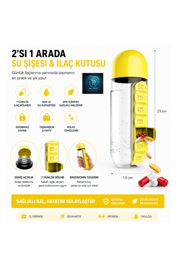 Water Bottle & Medicine Box 2 in 1 600 ml Water Bottle