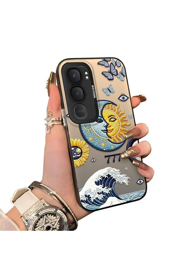 Vivo Y31/Y21D Compatible Sun-Moon Eye and Wave Butterfly Pattern Acrylic Back Silicone Edge Phone Case