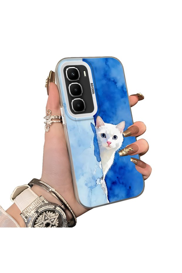 Infinix Hot 60 Pro Compatible Cute White Cat Pattern Acrylic Back Silicone Edge Phone Case