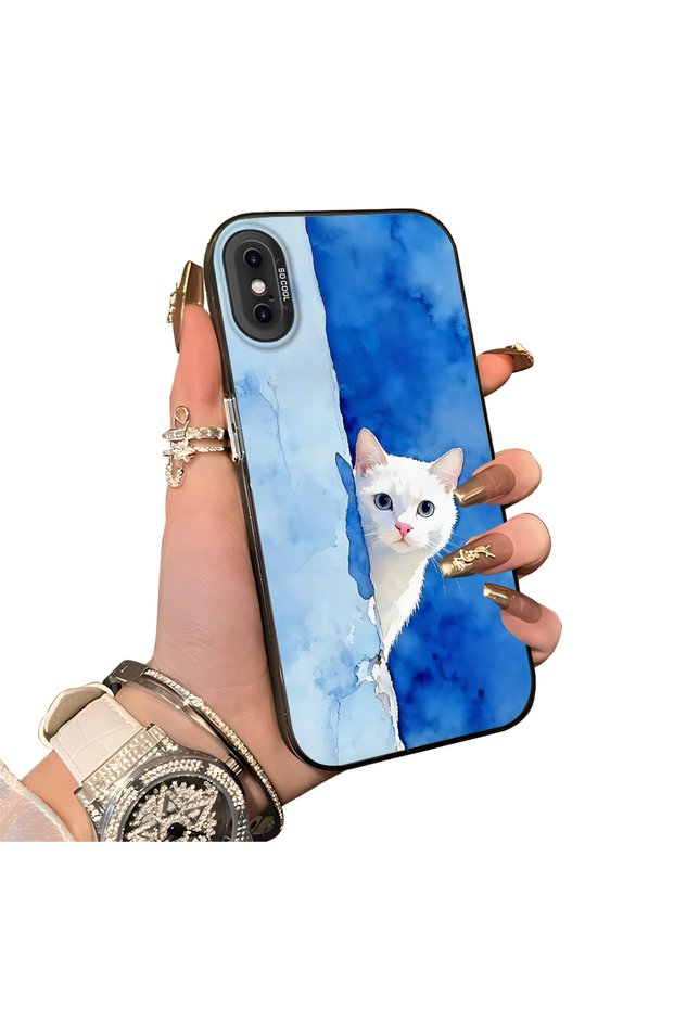 iPhone XS Max Compatible Cute White Cat Pattern Acrylic Back Silicone Edge Phone Case