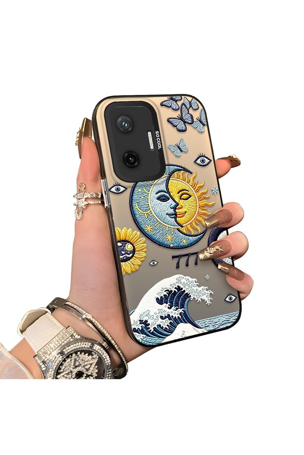 Xiaomi Poco F7 Compatible Sun-Moon Eye and Wave Butterfly Pattern Acrylic Back Silicone Edge Phone Case