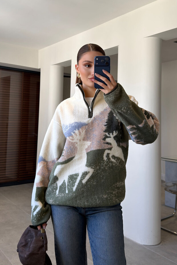 Premium Deer Patterned Fleece - Khaki