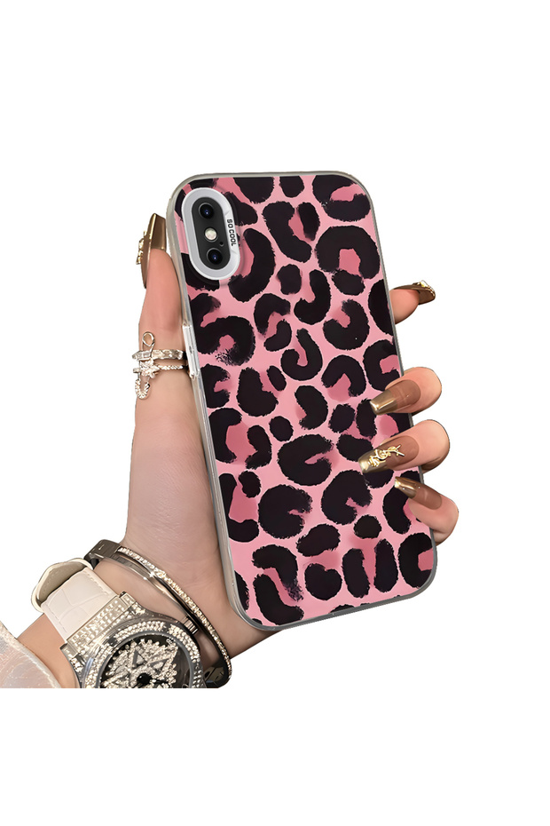 iPhone XS Max Compatible Pink Back Black Leopard Pattern Acrylic Back Silicone Edge Phone Case