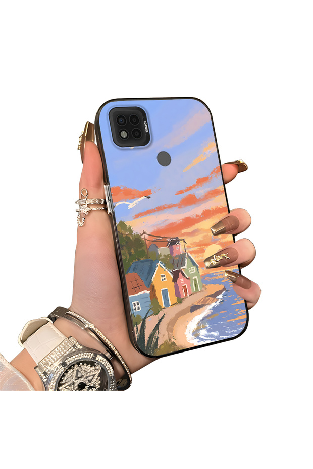 Xiaomi Poco C31 Compatible Sunset Beach Scenery Printed Acrylic Back Silicone Edge Phone Case