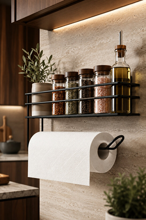 Adhesive Shelf Paper Roll Towel Holder Napkin Holder Black Bathroom Kitchen Organizer Shelf