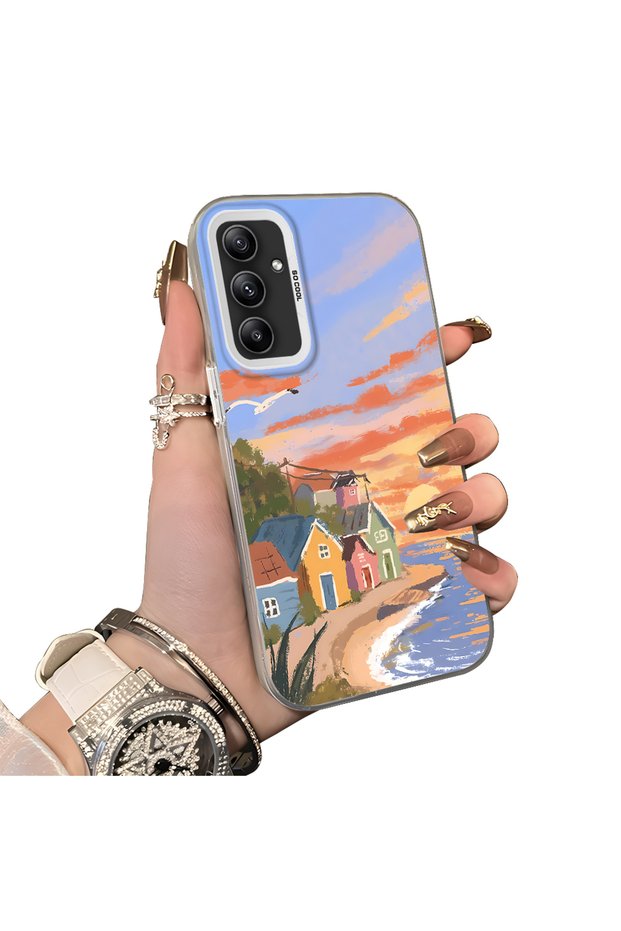 Samsung Galaxy A34 Compatible Sunset Beach Scenery Printed Acrylic Back Silicone Edge Phone Case