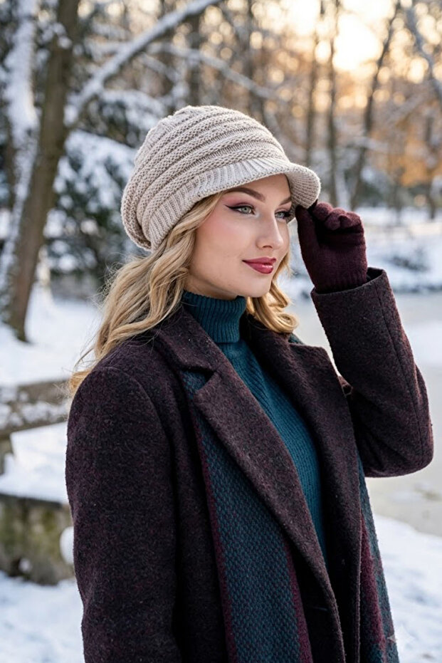 Women's Cuffed Knitwear Beanie Knitted Patterned Winter Hat Cap