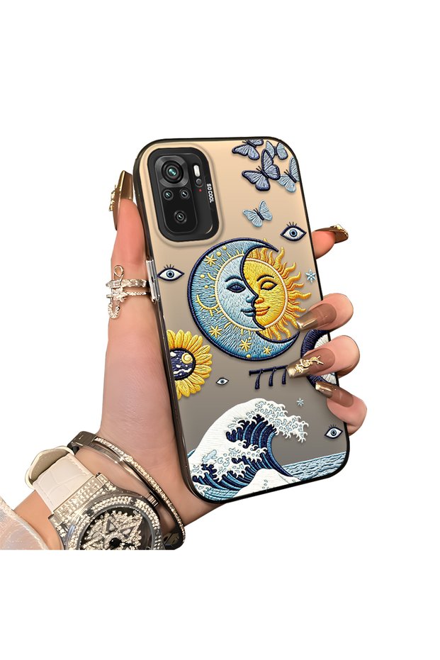 Xiaomi Redmi Note 10 4G/Note 10S Compatible Sun-Moon Eye and Wave Butterfly Pattern Acrylic Back Silicone Edge Phone Case
