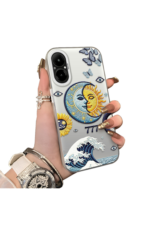 Realme C67 4g Compatible Sun-Moon Eye and Wave Butterfly Pattern Acrylic Back Silicone Edge Phone Case