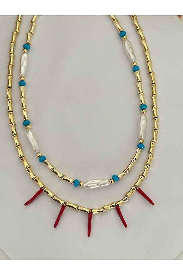 Gold Bone Necklace with Red Pepper Charm and Pearl Necklace Set Double Lucky Necklace Set