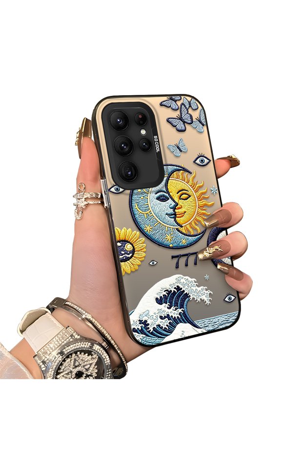 Samsung Galaxy S22 Ultra Compatible Sun-Moon Eye and Wave Butterfly Pattern Acrylic Back Silicone Edge Phone Case