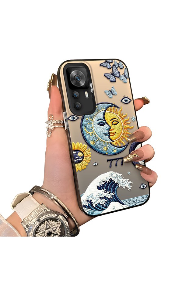 Xiaomi Redmi K50 Ultra Compatible Sun-Moon Eye and Wave Butterfly Pattern Acrylic Back Silicone Edge Phone Case