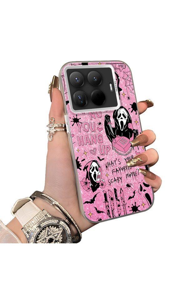 Xiaomi Mi 15t Pro Compatible Pink Horror Movie Mask Patterned Acrylic Back Silicone Edge Phone Case