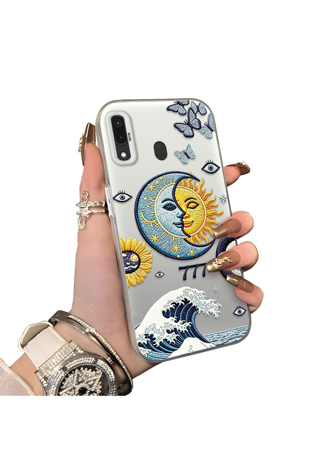 Samsung Galaxy A30/A20 Compatible Sun-Moon Eye and Wave Butterfly Pattern Acrylic Back Silicone Edge Phone Case