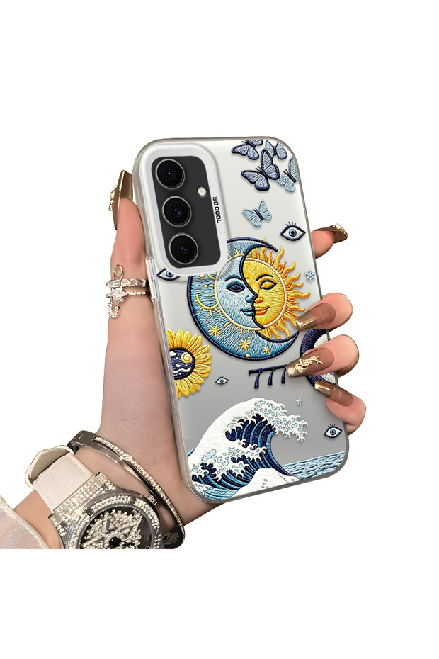 Samsung Galaxy S24 Fe Compatible Sun-Moon Eye and Wave Butterfly Pattern Acrylic Back Silicone Edge Phone Case