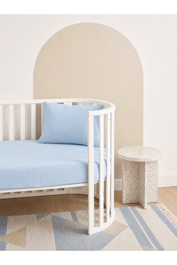100% Cotton 2-Layer Muslin Elastic Baby Sheet and Pillow Set 70X120 Cm, Breathable Baby Sleeping Set - Baby Blue