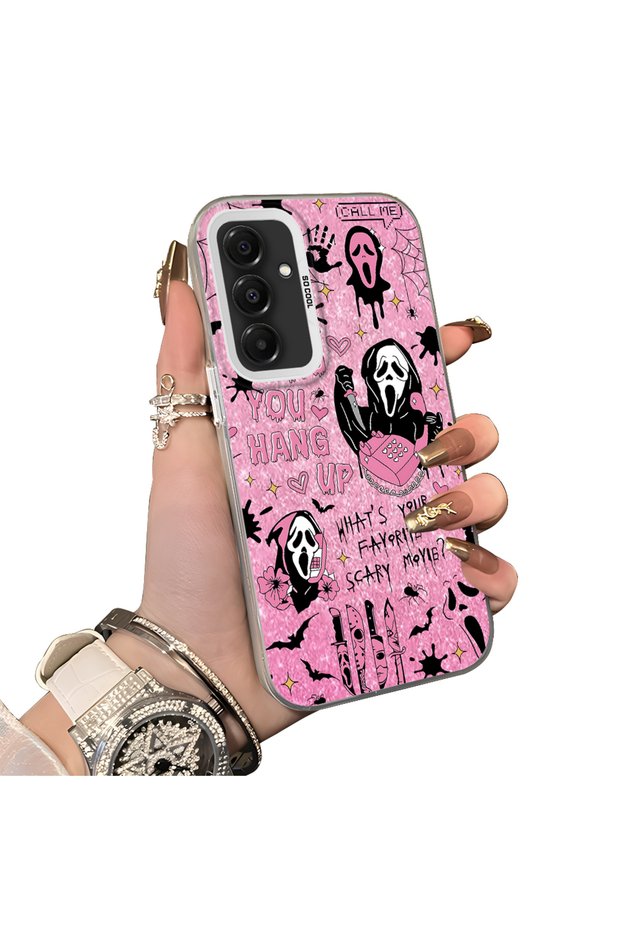 Samsung Galaxy A16 4G/5G Compatible Pink Horror Movie Mask Patterned Acrylic Back Silicone Edge Phone Case