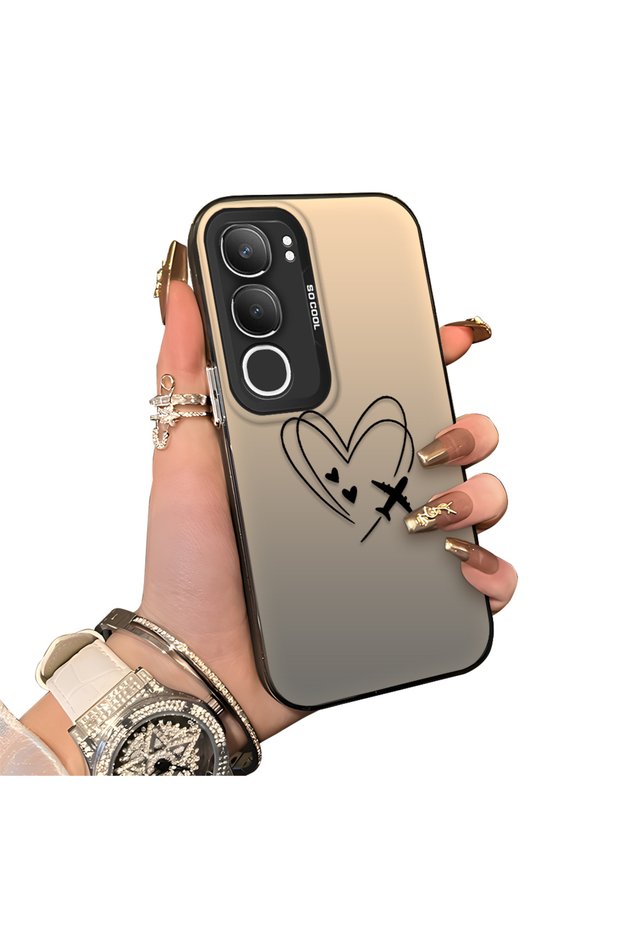 Vivo Y19S 4G/Y19S Pro Compatible Line Heart and Airplane Pattern Non-Transparent Acrylic Back Silicone Edge Phone Case