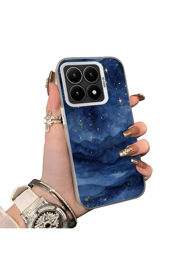 Xiaomi Mi 15t Compatible Navy Blue Watercolor Mountain-Star Art Pattern Acrylic Back Silicone Edge Phone Case