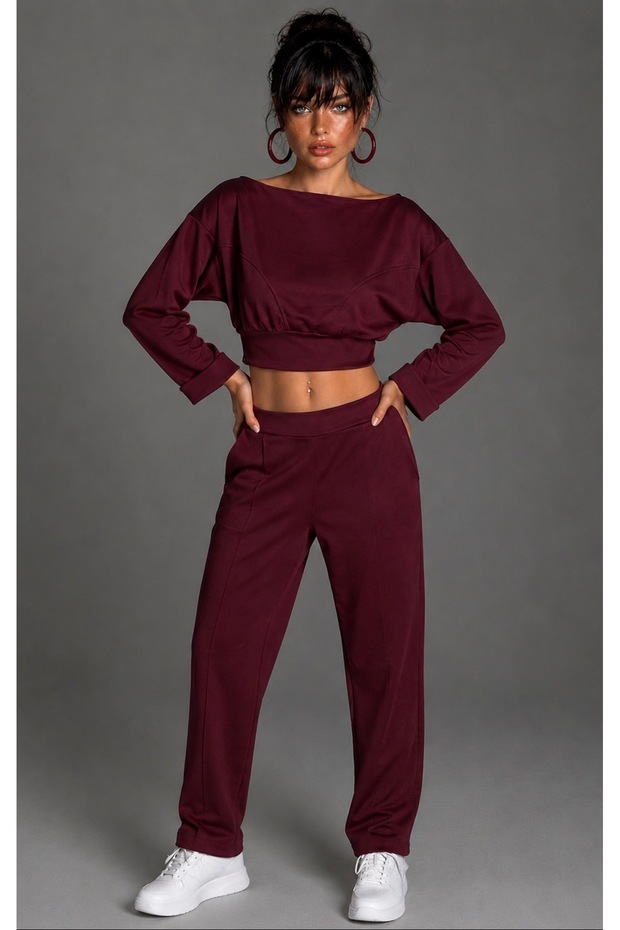Women's Burgundy Boat Neck Waist-Banded Double Tracksuit Set Be497