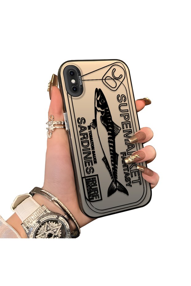 iPhone XS Max Compatible Canned Sardine Fish Sketch Pattern Non-Transparent Acrylic Back Silicone Edge Case