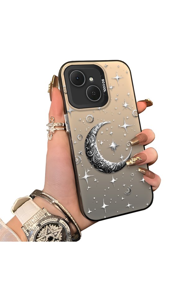 Tecno Spark 40C Compatible Silver Carved Moon and Star Pattern Non-Transparent Acrylic Back Silicone Edge Case