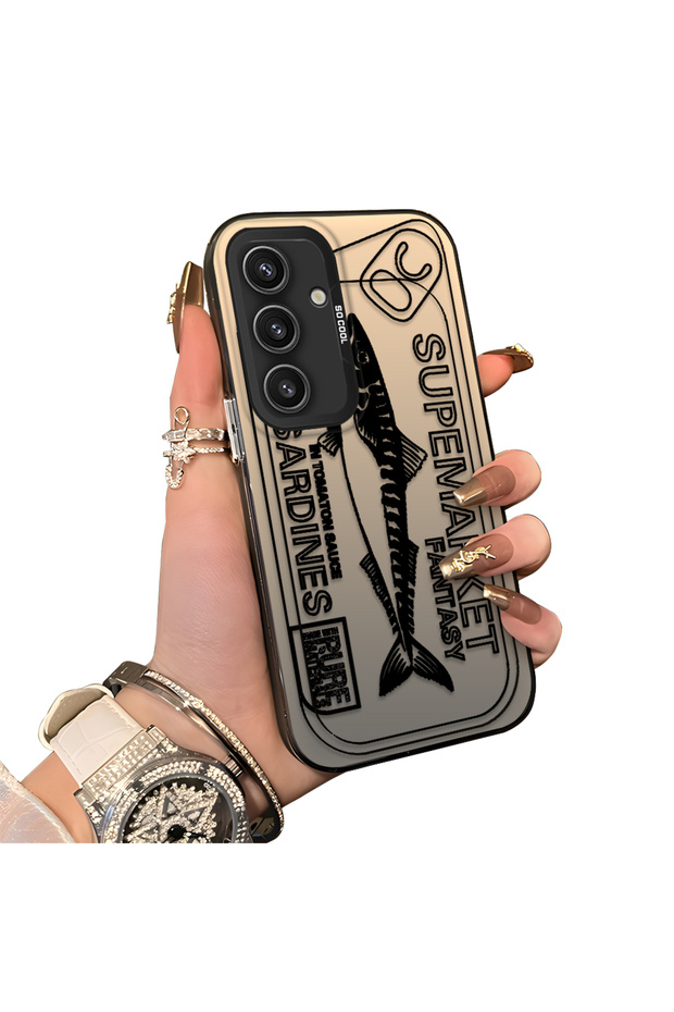 Samsung Galaxy S24 Compatible Canned Sardine Fish Sketch Pattern Non-Transparent Acrylic Back Silicone Edge Case