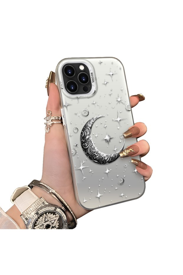 iPhone 15 Pro Compatible Silver Carved Moon and Star Pattern Non-Transparent Acrylic Back Silicone Edge Case
