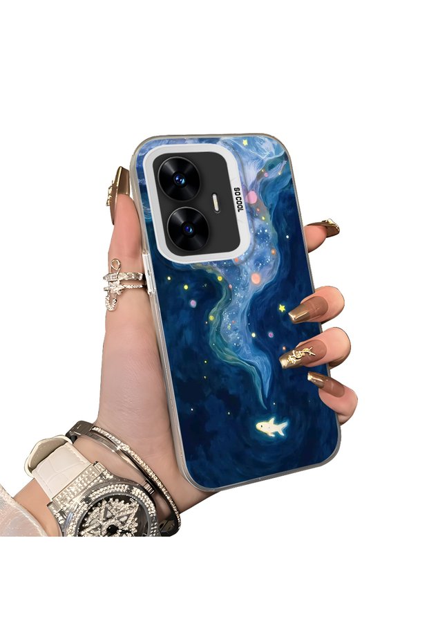 Realme C55 Compatible Dreamy Starry Sea Fish Pattern Acrylic Back Silicone Edge Phone Case