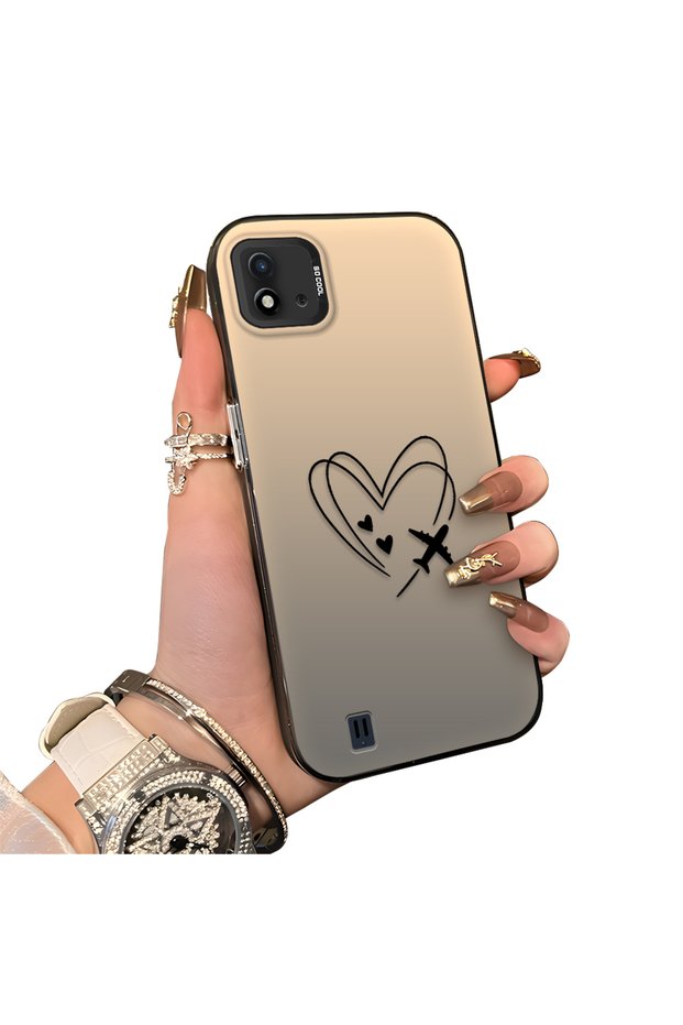 Realme C20/C20A Compatible Line Heart and Airplane Pattern Non-Transparent Acrylic Back Silicone Edge Phone Case