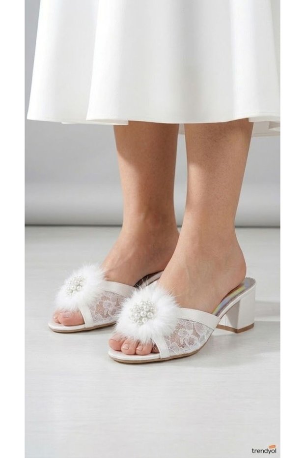 Women's Lace Bowknot Stone Accessory Comfortable Thick Heel Bridal Slippers