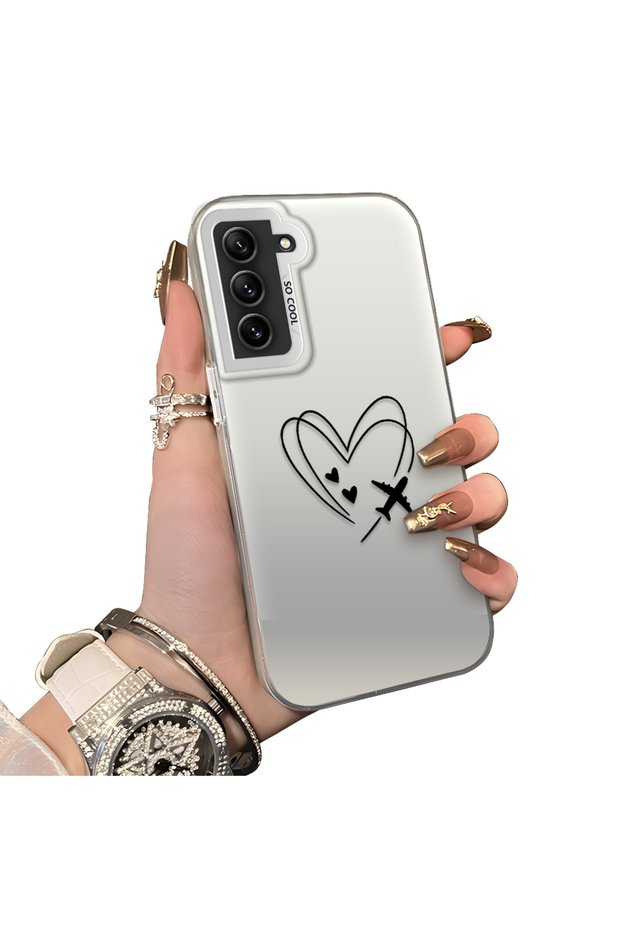 Samsung Galaxy S21 Fe Compatible Line Heart and Airplane Pattern Non-Transparent Acrylic Back Silicone Edge Phone Case