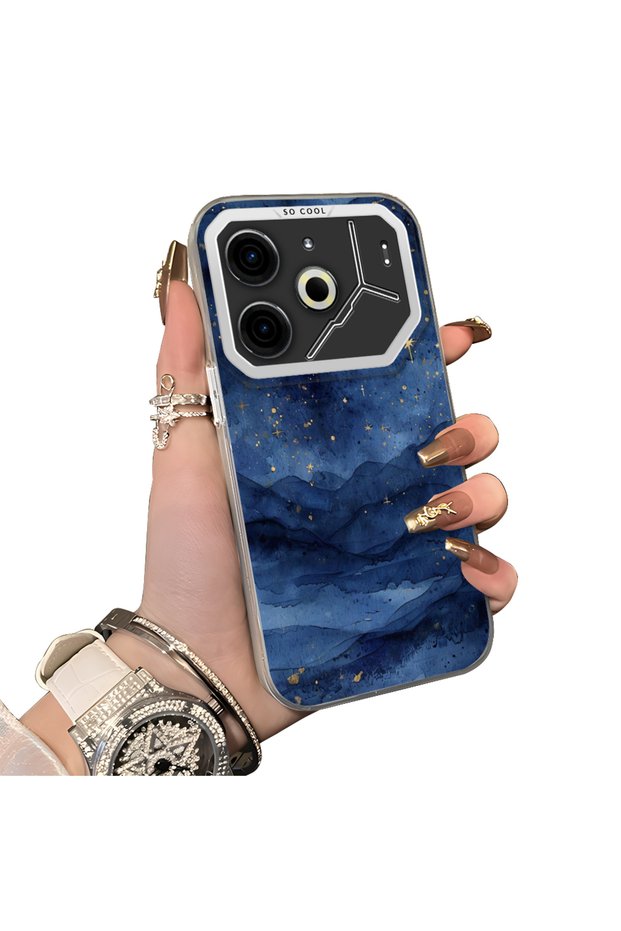 Tecno Pova 6/Pova 6 Pro 5g Compatible Navy Blue Watercolor Mountain-Star Art Pattern Acrylic Back Silicone Edge Phone Case