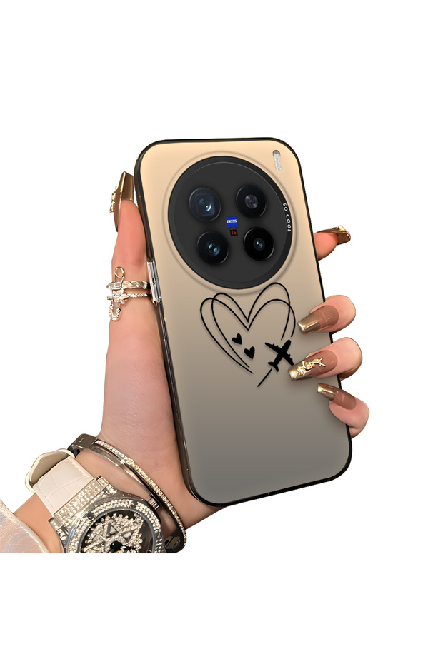 Vivo X200 Pro Compatible Line Heart and Airplane Pattern Non-Transparent Acrylic Back Silicone Edge Phone Case