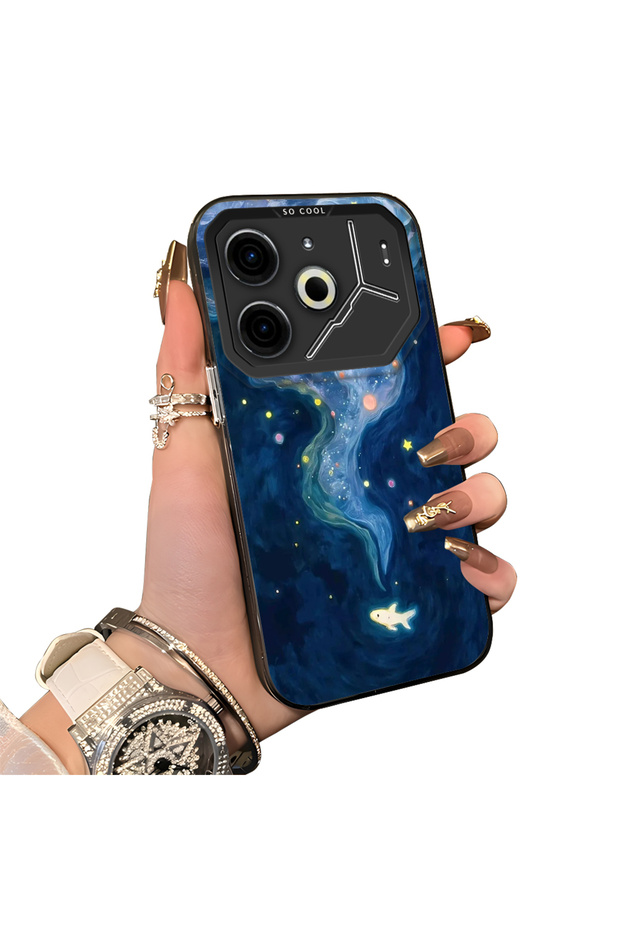 For Tecno Pova 6/Pova 6 Pro 5g Compatible Dreamy Starry Sea Fish Pattern Acrylic Back Silicone Edge Phone Case