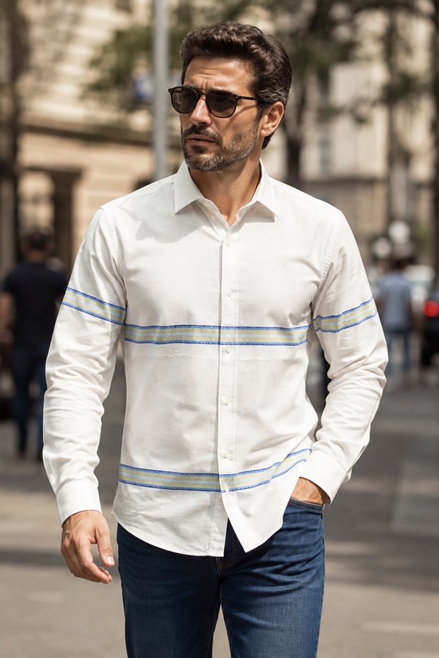Men's Slim Fit 100% Cotton Shirt, Pocketless, Buttoned at the Bottom of the Collar, Long Sleeve Stylish Shirt