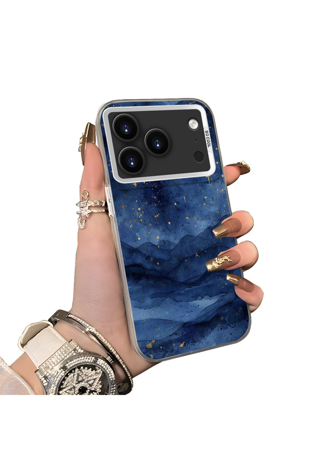 iPhone 17 Pro Compatible Navy Blue Watercolor Mountain-Star Art Pattern Acrylic Back Silicone Edge Phone Case