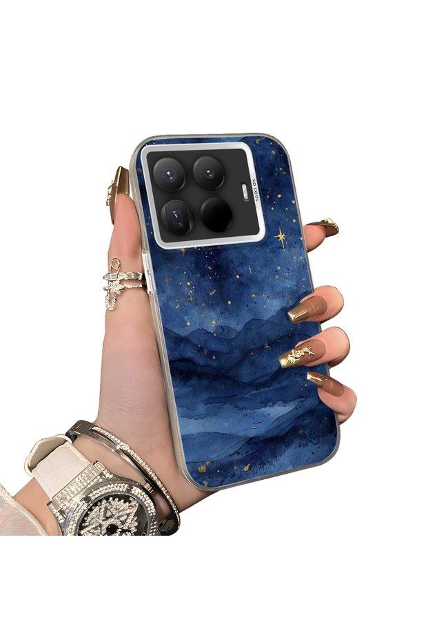 Xiaomi Mi 15t Pro Compatible Navy Blue Watercolor Mountain-Star Art Pattern Acrylic Back Silicone Edge Phone Case